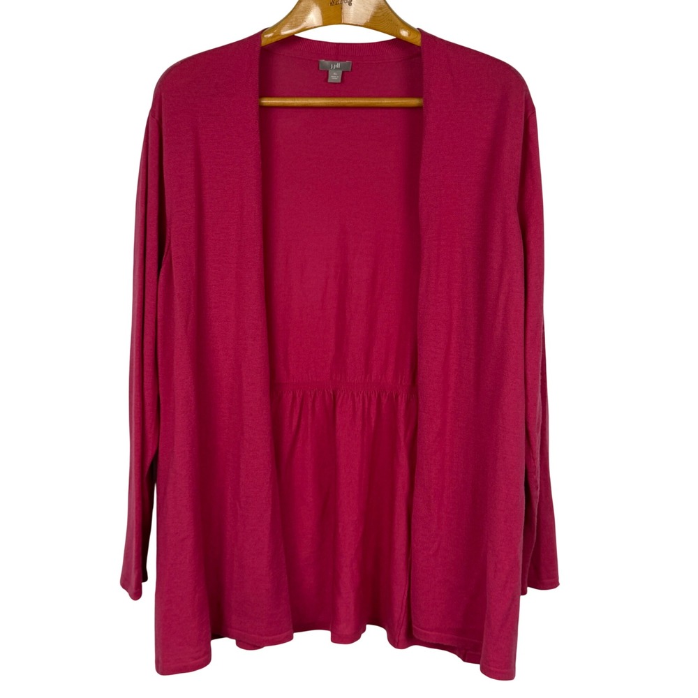 J. Jill Cardigan Open Front Merino Wool XL Pink Berry Gathered Waist Sweater